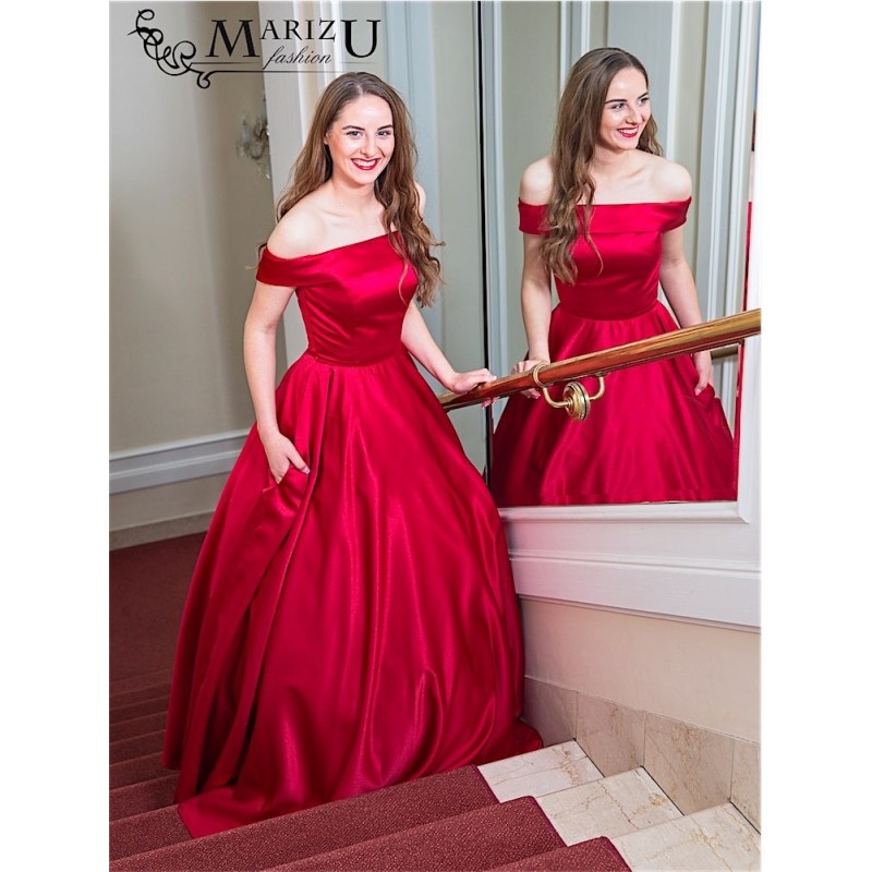 Marizu fashion nádherné vínově červené saténové maturitní, plesové, společenské šaty se spadlými rameny