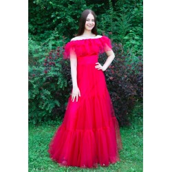 Marizu fashion červené tylové maturitní, plesové, společenské šaty se spadlými rameny