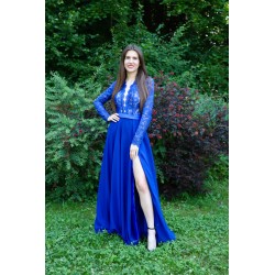 Marizu Fashion nádherné modré krajkové plesové společenské šaty s dlouhým rukávem