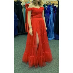 Marizu Fashion nádherné červené tylové šaty s rozparkem a spadlými rameny