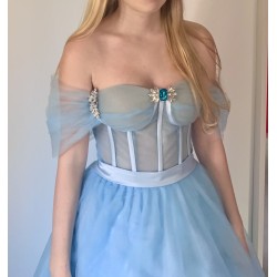 Marizu fashion ledově modré tylové plesové šaty se spadlými rameny