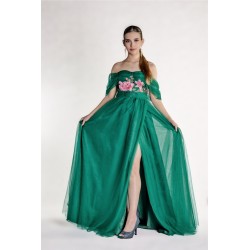 Marizu fashion nádherné smaragdové šaty s vysokým rozparkem květinovou aplikací a spadlými rameny