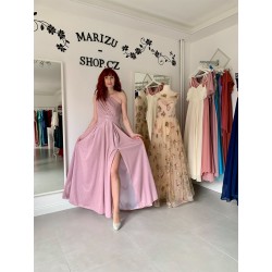 Krásné třpytivé pudrové plesové šaty na jedno rameno