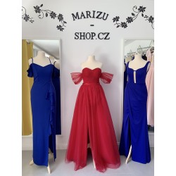 Marizu Fashion nádherné vínově červené tylové šaty s rozparkem a spadlými rameny