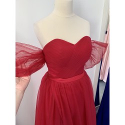 Marizu Fashion nádherné vínově červené tylové šaty s rozparkem a spadlými rameny