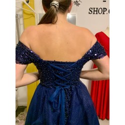 Marizu Fashion nádherné tmavě modré třpytivé tylové šaty s rozparkem a spadlými rameny