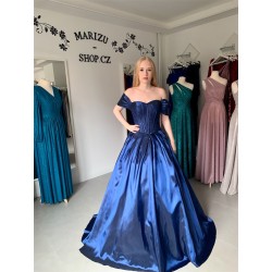 Marizu Fashion nádherné taftové námořnické modré plesové maturitní šaty se spadlými ramínky