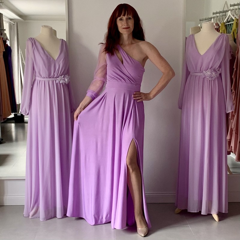 Marizu Fashion lila fialové plesové společenské šaty s rukávem