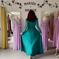 Marizu Fashion petrolejově zelené plesové společenské šaty s tylovými rukávy