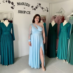 Marizu Fashion světle modré plesové společenské šaty s rukávem
