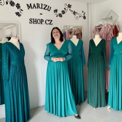 Marizu Fashion petrolejově zelené plesové společenské šaty s tylovými rukávy