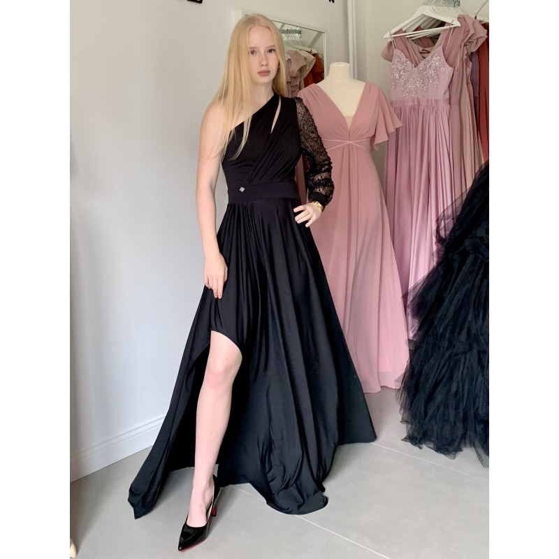 Marizu Fashion černé plesové společenské šaty s třpytivým rukávem