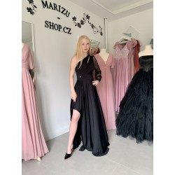 Marizu Fashion černé plesové společenské šaty s třpytivým rukávem