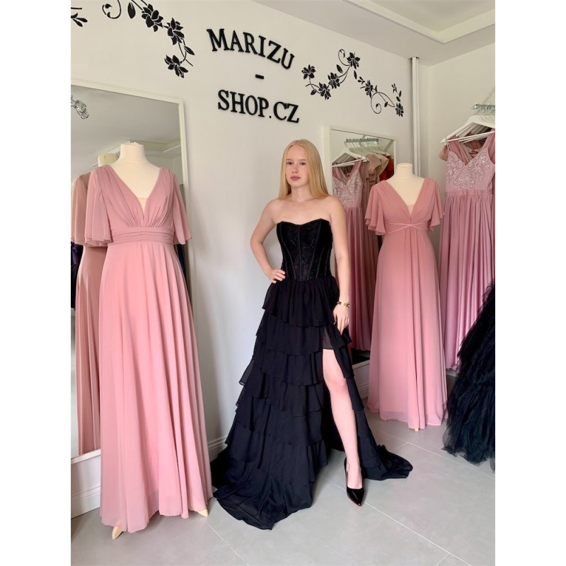 Marizu Fashion nádherné černé plesové šaty s krajkovým korzetem