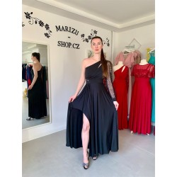 Marizu Fashion černé plesové společenské šaty s třpytivým rukávem