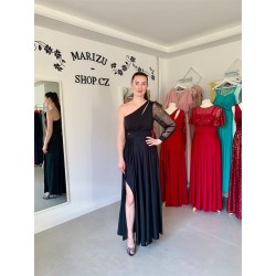 Marizu Fashion černé plesové společenské šaty s třpytivým rukávem