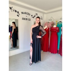 Marizu Fashion černé plesové společenské šaty s třpytivým rukávem