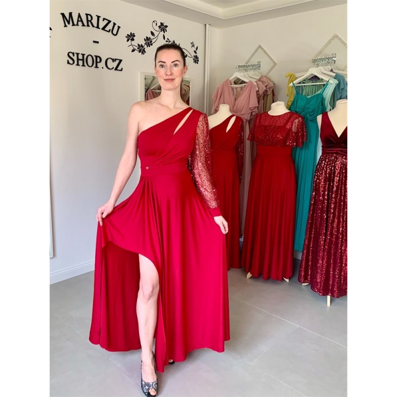 Marizu Fashion vínově červené plesové společenské šaty s třpytivým rukávem