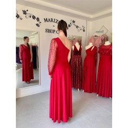Marizu Fashion vínově červené plesové společenské šaty s třpytivým rukávem