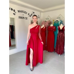Marizu Fashion vínově červené plesové společenské šaty s třpytivým rukávem
