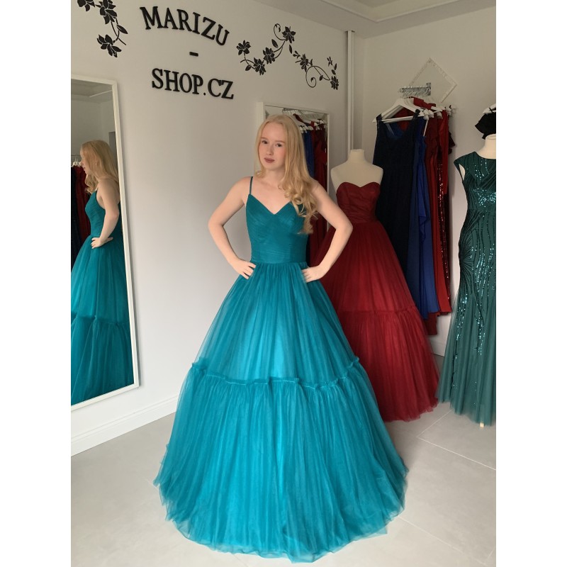 Marizu fashion tmavě tyrkysové maturitní, plesové šaty na ramínka