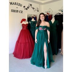 Marizu fashion nádherné smaragdové šaty s vysokým rozparkem květinovou aplikací a spadlými rameny