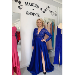 Marizu Fashion nádherné modré krajkové plesové společenské šaty s dlouhým rukávem