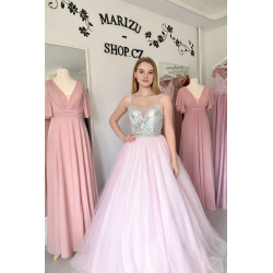 Marizu fashion světle růžové maturitní, plesové, společenské šaty na tenké ramínka bohatě zdobené kamínky