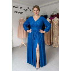 Krásné modré třpytivé plesové společenské šaty s rukávy vhodné pro plnoštíhlou postavu