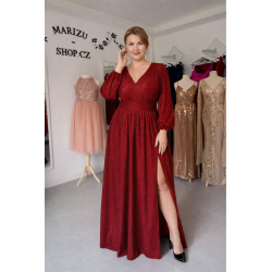 Krásné burgundy třpytivé plesové společenské šaty s rukávy vhodné pro plnoštíhlou postavu
