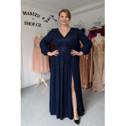 Krásné námořnické modré třpytivé plesové společenské šaty s rukávy vhodné pro plnoštíhlou postavu