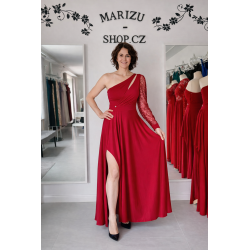 Marizu Fashion vínově červené plesové společenské šaty s třpytivým rukávem