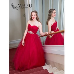 Marizu fashion vínově červené maturitní, plesové, společenské tylové šaty s bohatě zdobeným páskem